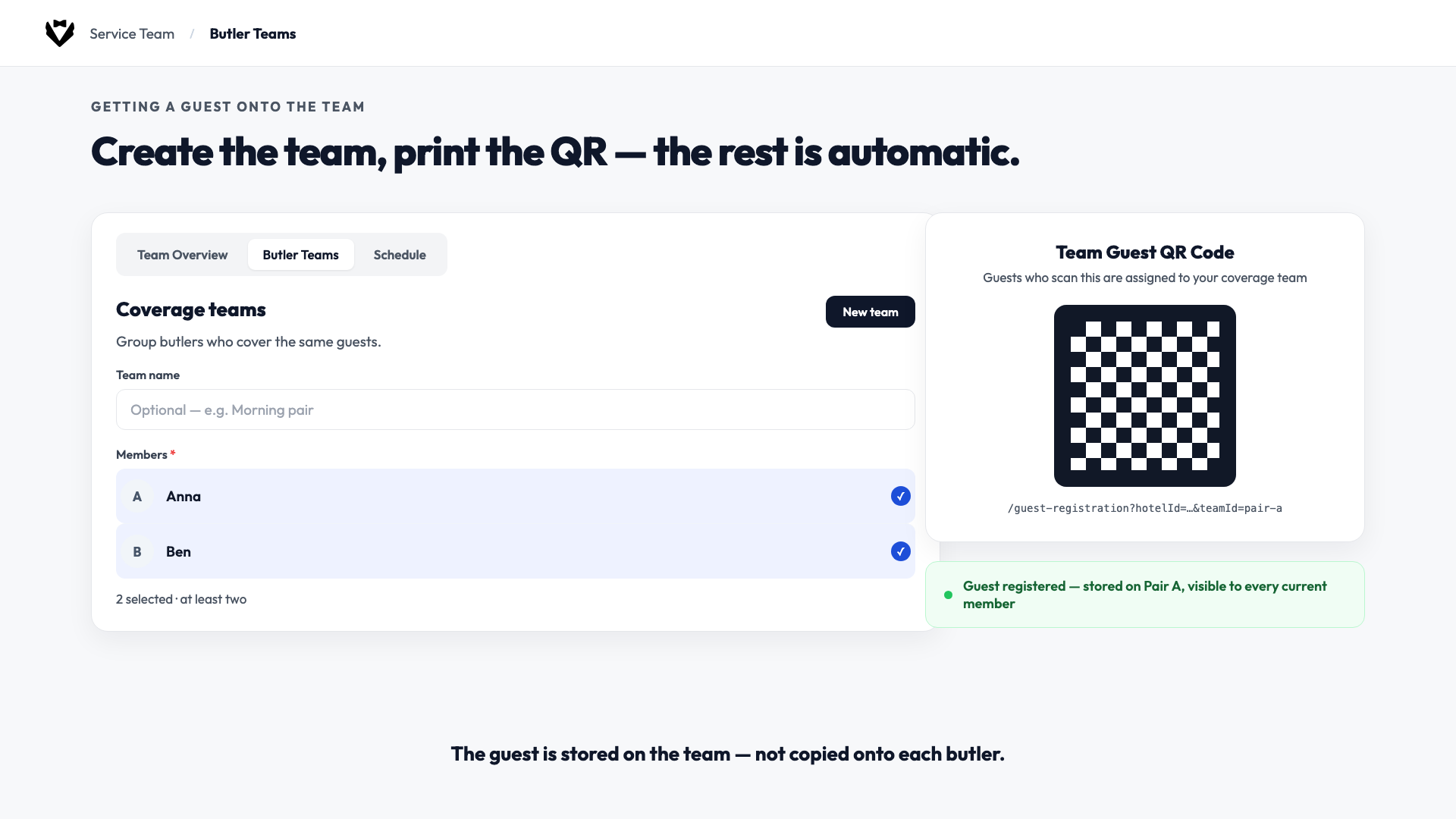 Butler AI admin screen creating a coverage team and showing the team's guest-registration QR code