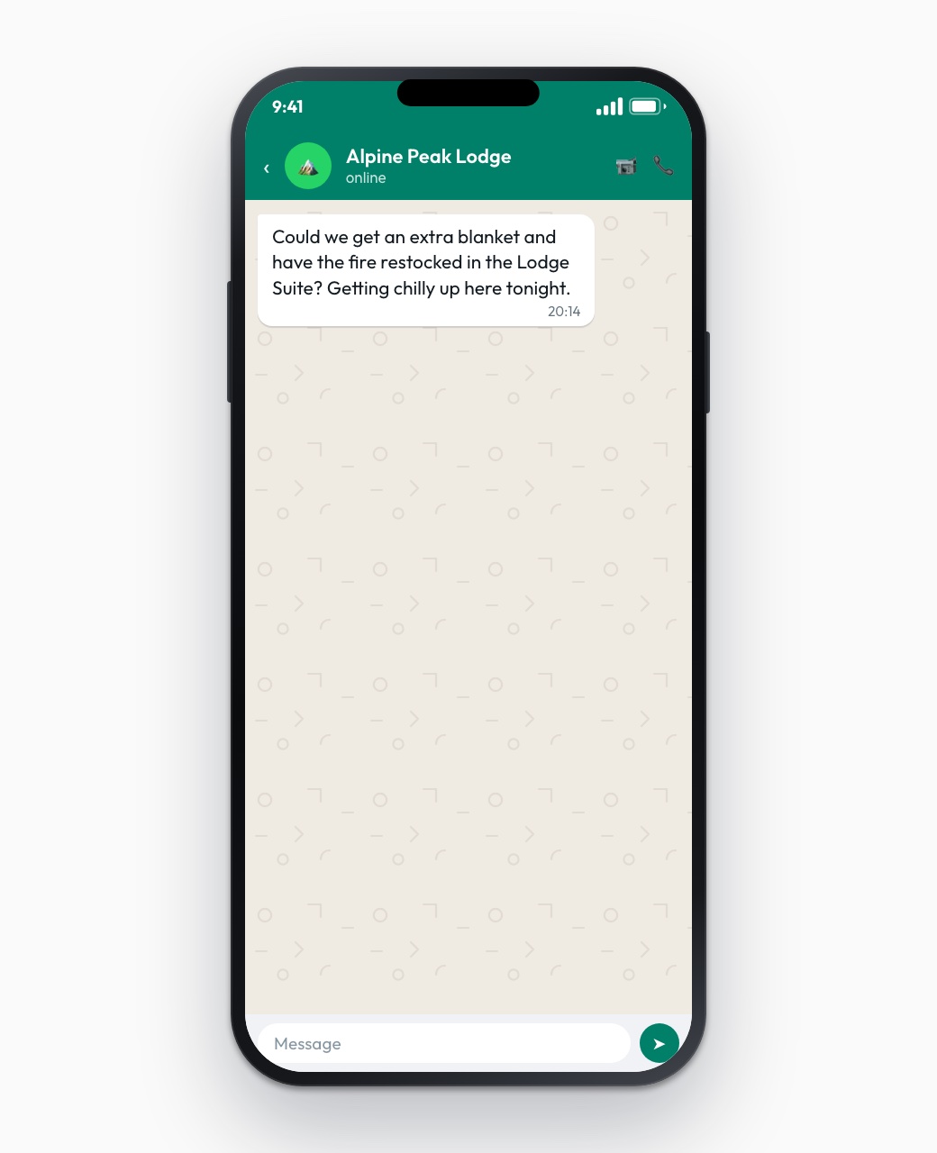 Guest WhatsApp message to Alpine Peak Lodge asking for an extra blanket and fire restock