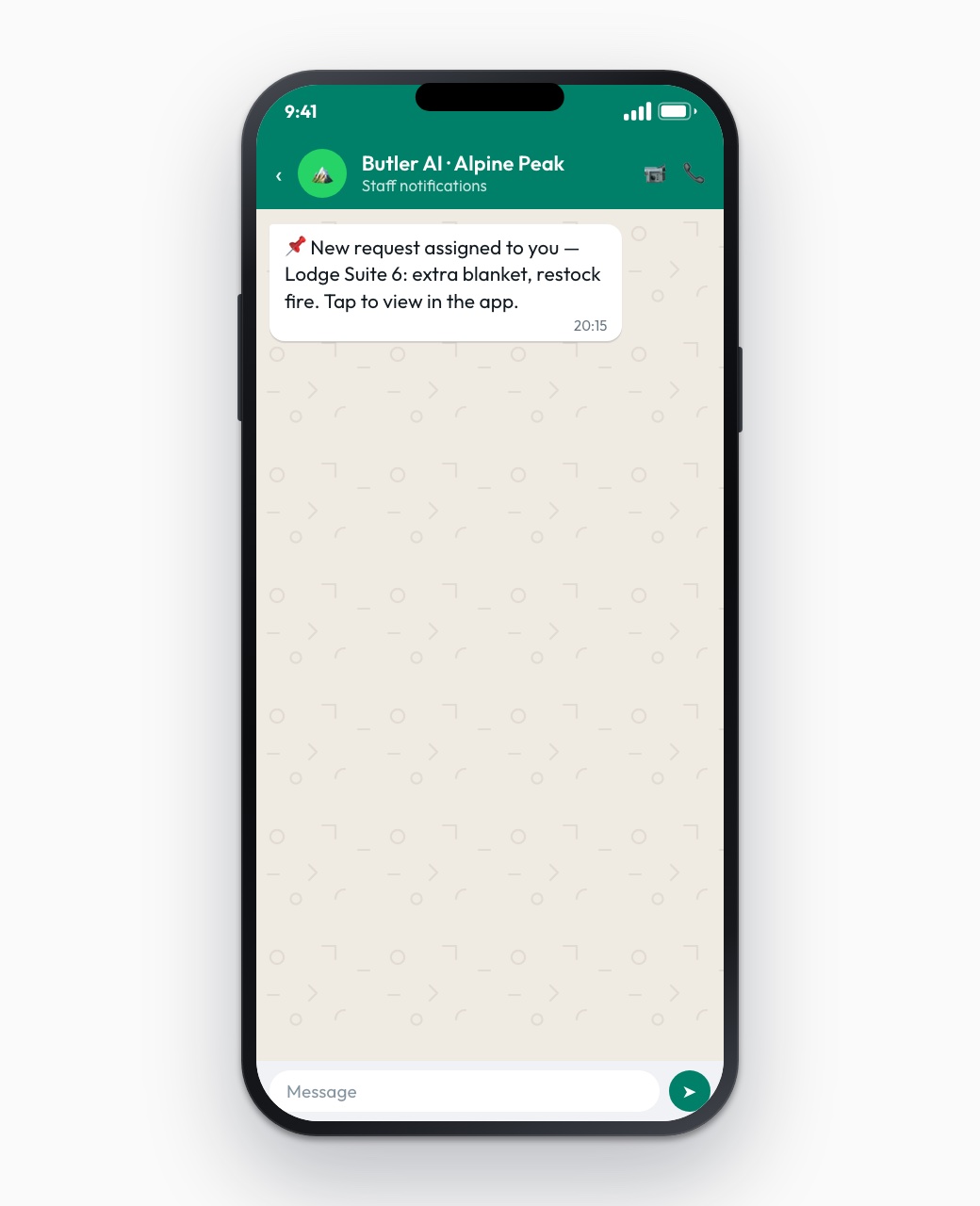 WhatsApp notification to housekeeping staff about a new assigned request at Lodge Suite 6