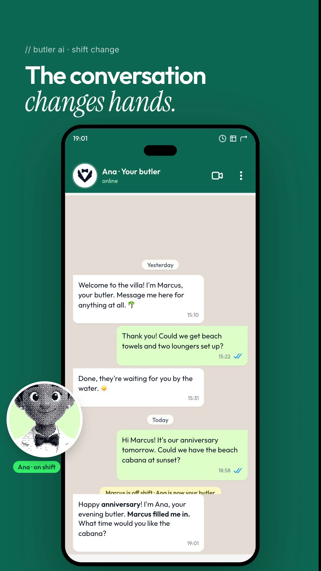 WhatsApp conversation where a system note says Marcus is off shift and Ana is now the guest's butler, followed by Ana's reply