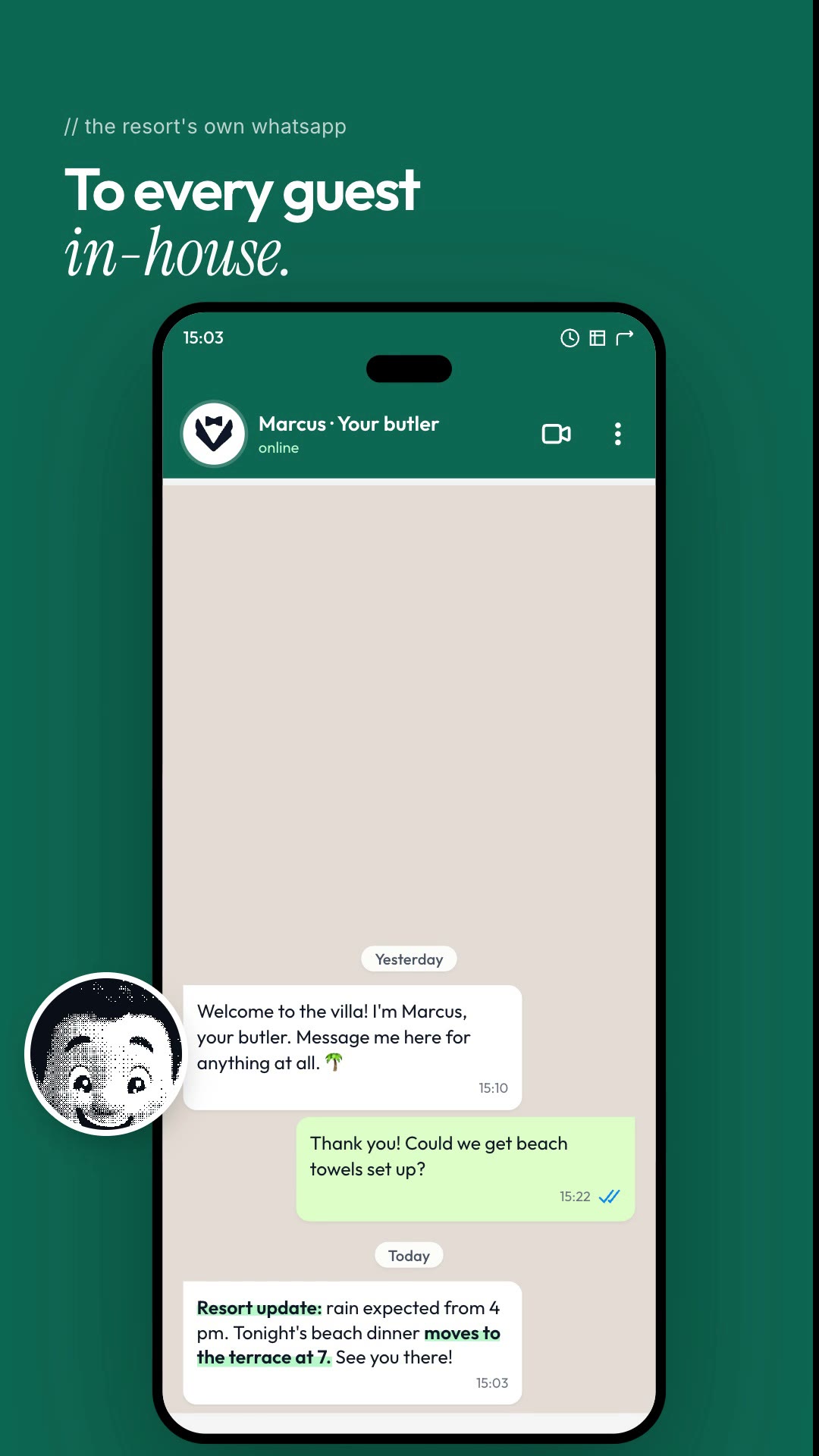 Guest's WhatsApp chat showing a resort update: rain expected from 4 pm, tonight's beach dinner moves to the terrace at 7