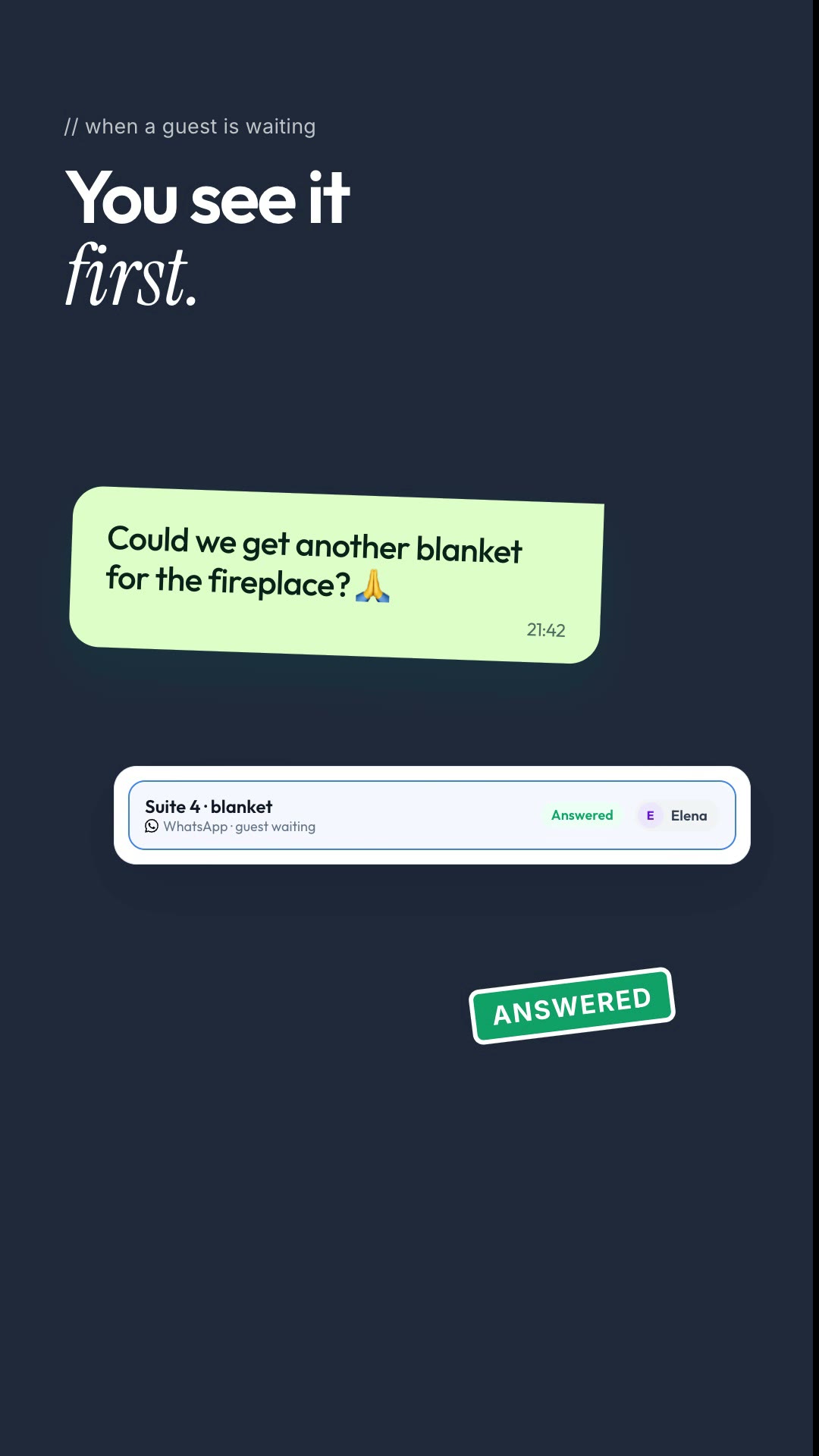 A guest request for a blanket shown as waiting in the supervisor view, then marked answered