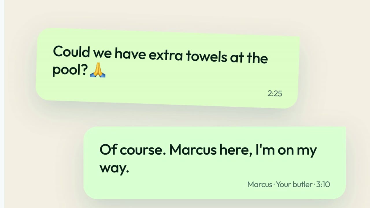 A WhatsApp thread where a guest asks for extra towels at the pool and the butler replies that they are on their way
