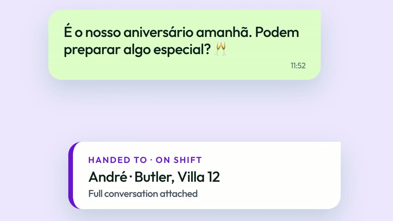 A guest asks in Portuguese for something special for their anniversary, and a card shows the request handed to the butler on shift for Villa 12 with the full conversation attached