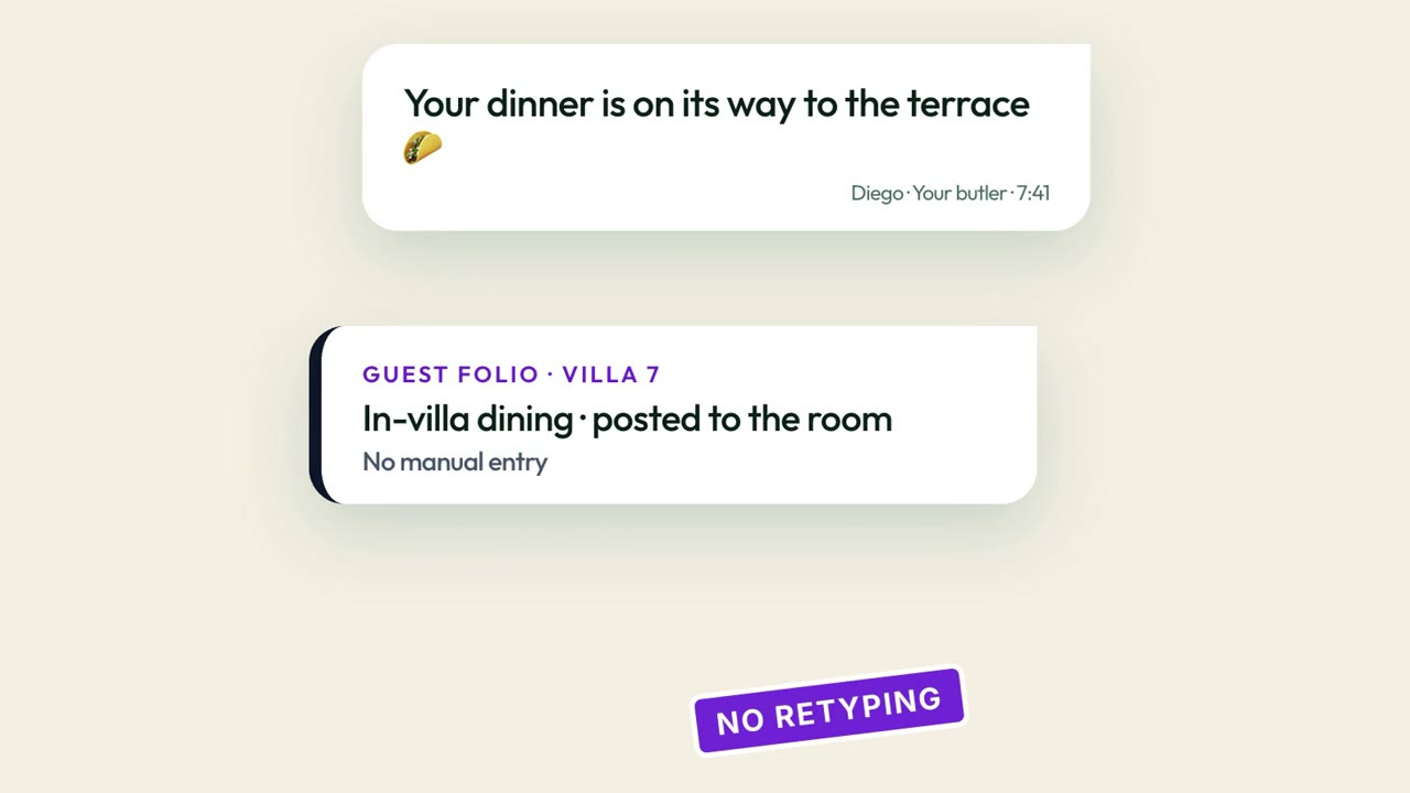 The butler tells the guest their dinner is on its way to the terrace, and a folio card shows the in-villa dining charge posted to Villa 7 with no manual entry
