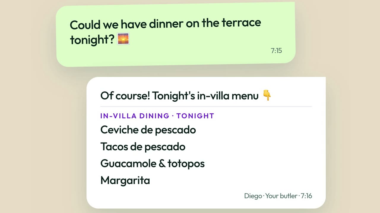A guest in Villa 7 asks for dinner on the terrace, and the butler replies in the same WhatsApp chat with tonight's in-villa menu