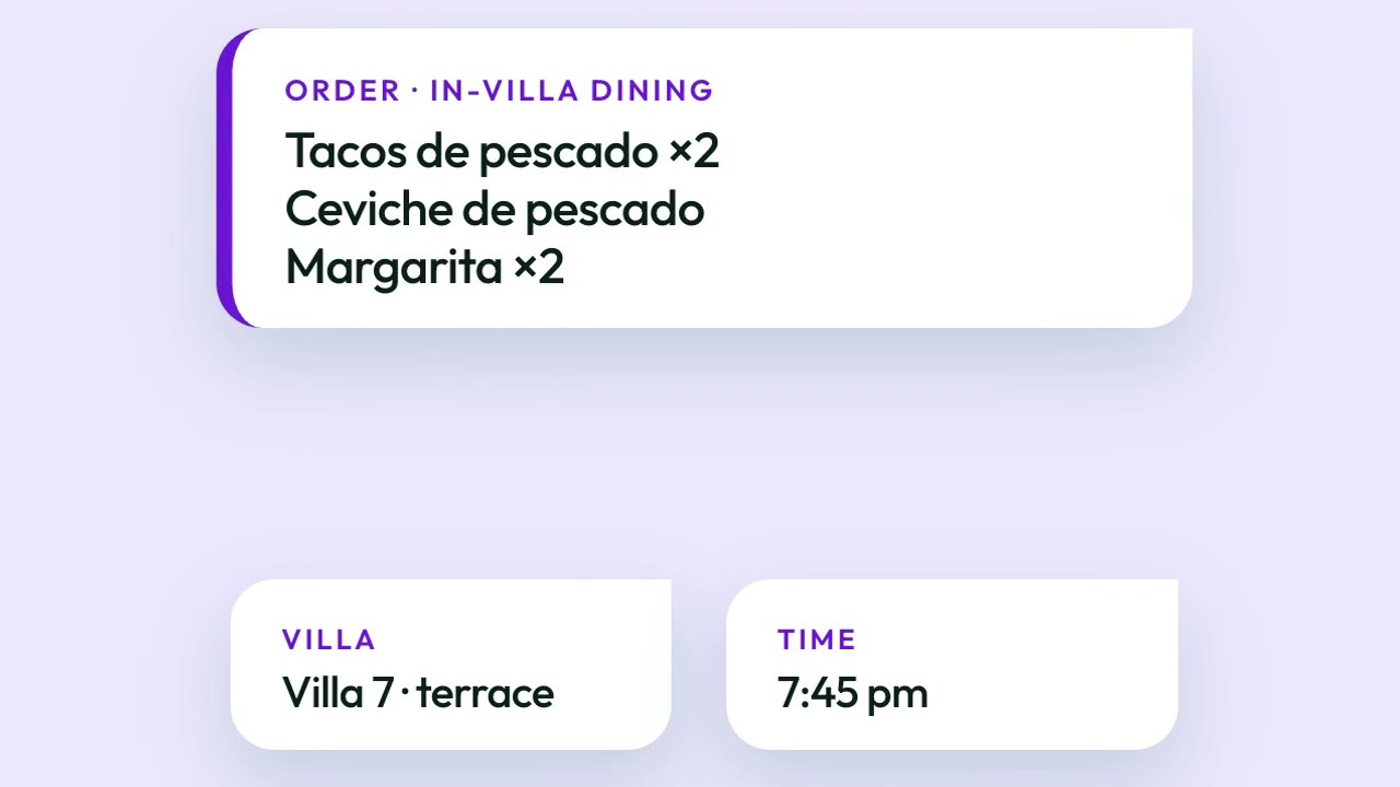 An in-villa dining order card showing two fish tacos, ceviche and two margaritas, for Villa 7 on the terrace at 7:45 pm